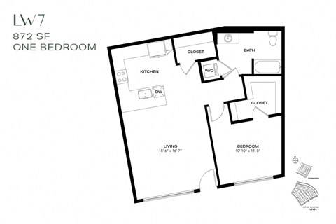 Floor plan for 1 bed, 1 bath, 872 sqft